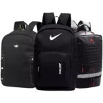 Three branded backpacks in black showcasing different styles and quality for men bag price in BD comparison.