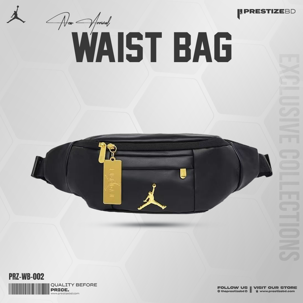 Black designer waist bag with a gold zipper and accents, featuring a subtle pattern of the number 23 and Jumpman logos, displayed on a light geometric background with branding text reading "Waist Bag" and product code PRZ-WB-006 "best Waist Bag in BD"