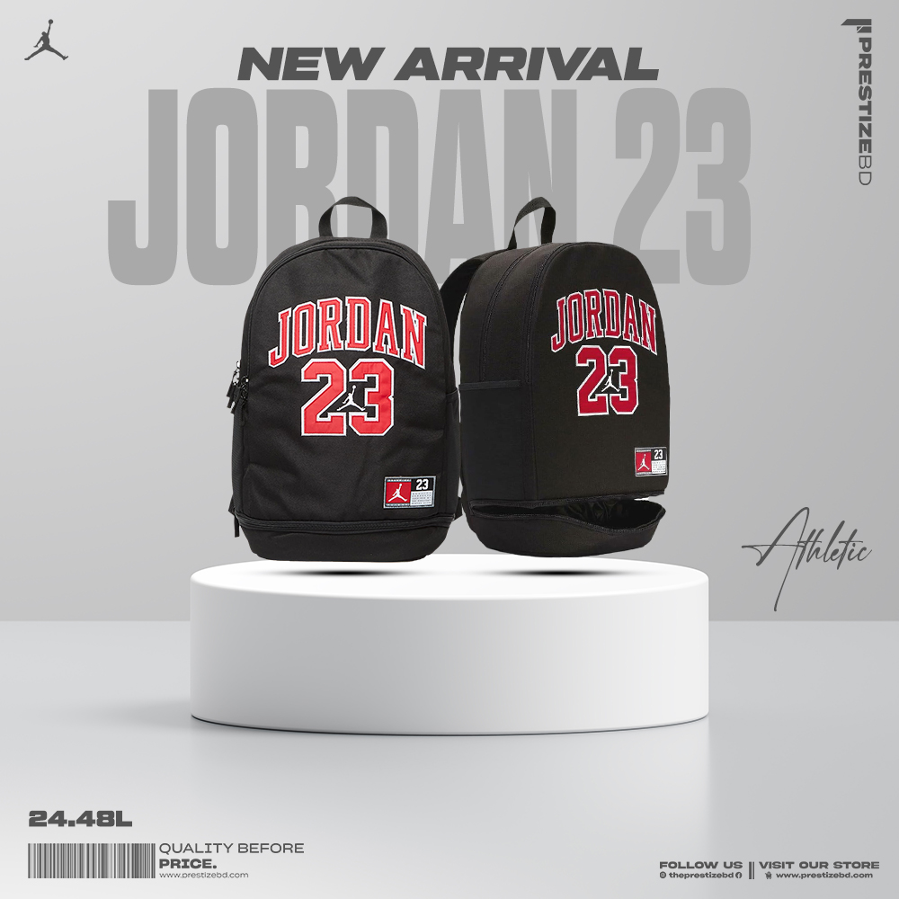New Arrival Jordan 23 athletic backpacks on display platform from Prestize BD, featuring top-quality design among Best Bags in BD.