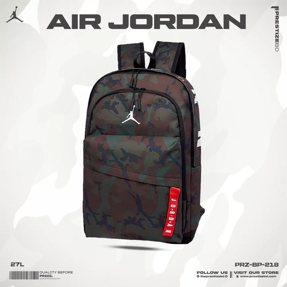 Nike Jordan Air Patrol Backpack in forest camo design displayed upright with Air Jordan branding.